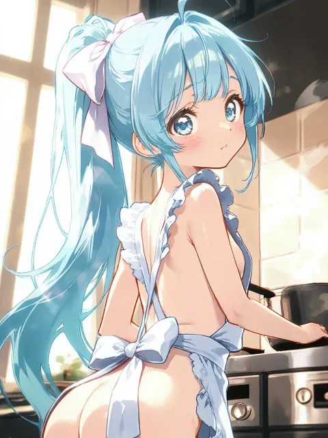 露わすぎるエプロン水色