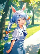 木漏れ日の並木道を歩くぺこら