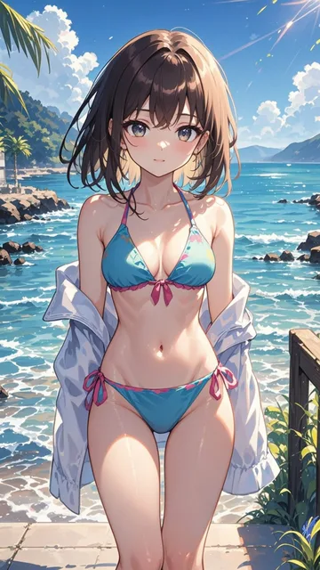 彼女は鮮やかなビキニを着ており