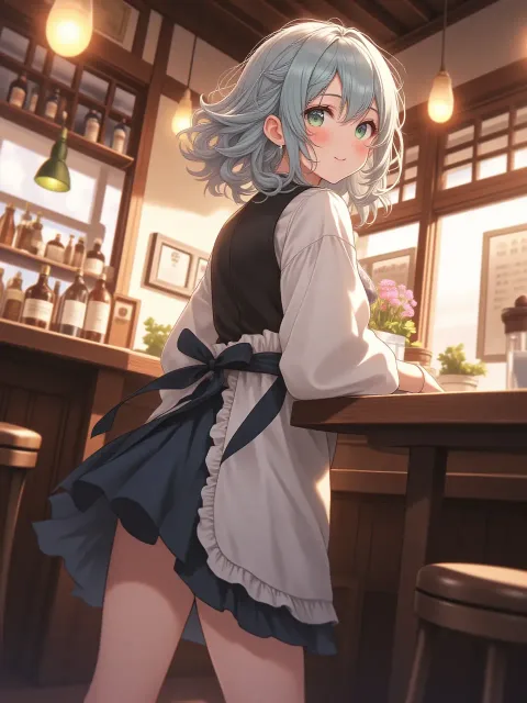 割烹着を着た少女、喫茶の店内、割烹着の胸当て、膝上まで