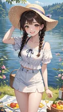 湖畔でピクニックしている女の子