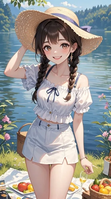 湖畔でピクニックしている女の子