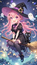 ピンク髪魔女っ娘💕可愛らしいゴーストと夜空でお散歩❤️