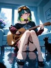 窓にあたる雨音とギターの音…パンク娘と黒ニャンコ…緑 — ギターイラストのAIイラスト|SUPPART