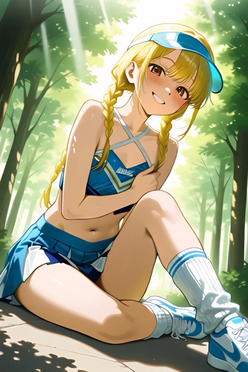 木陰で座る三つ編みチアガール…黄
