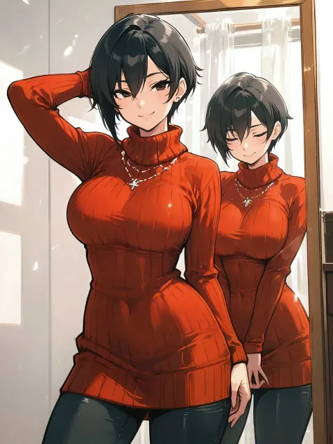 ニットの色っぽい成年女性がふたり、ボーイッシュ、ボサボサ頭