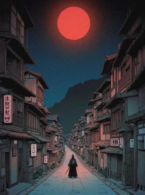 真夜中の灯の消えた中世日本の町並み 道の中央に立つ忍者…