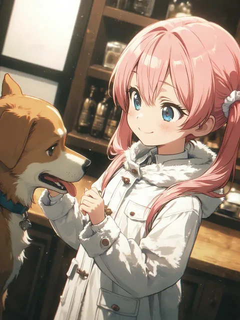 もふもふと共に、ピンク髪のアンダーツインテール、綺麗な瞳