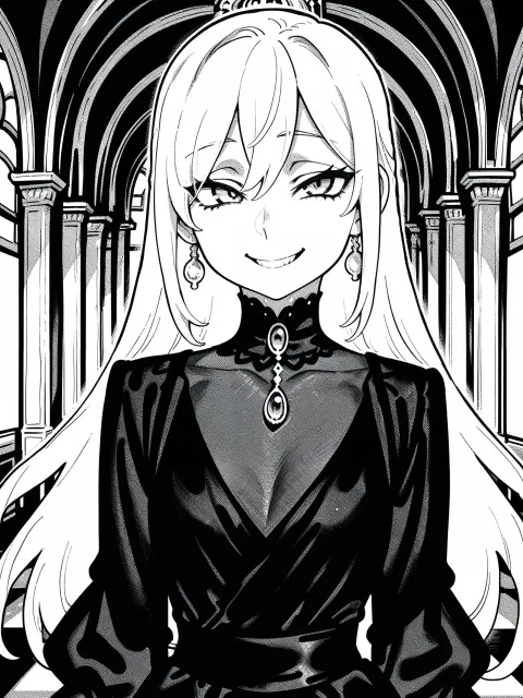 きちんとした服装、豪華な舞踏会の広間、不敵な微笑み、上半身