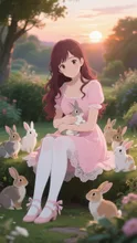 子ウサギに囲まれる優しい女性