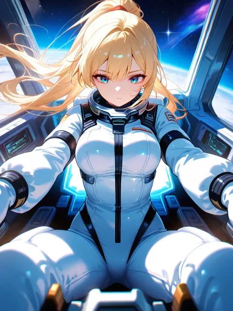 宇宙船のコックピット、金髪ロングヘアの美少女、宇宙服