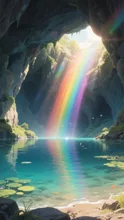 洞窟の湖と虹