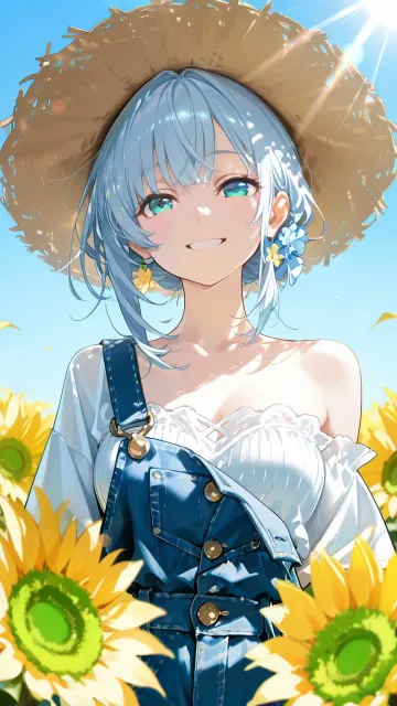 夏の日差し、澄んだ青空、満開の向日葵畑の真ん中 - サロペット
