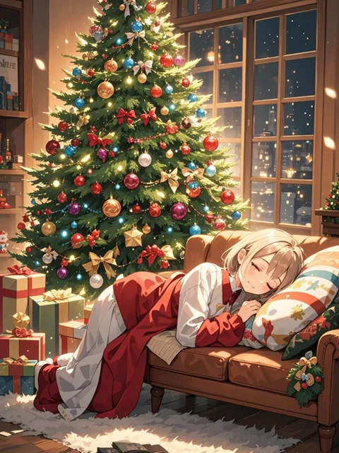 幻想的 クリスマスツリー 女性 ボブ うたた寝 ソファー…