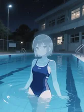 透明な女の子。夜の学校のプールで。