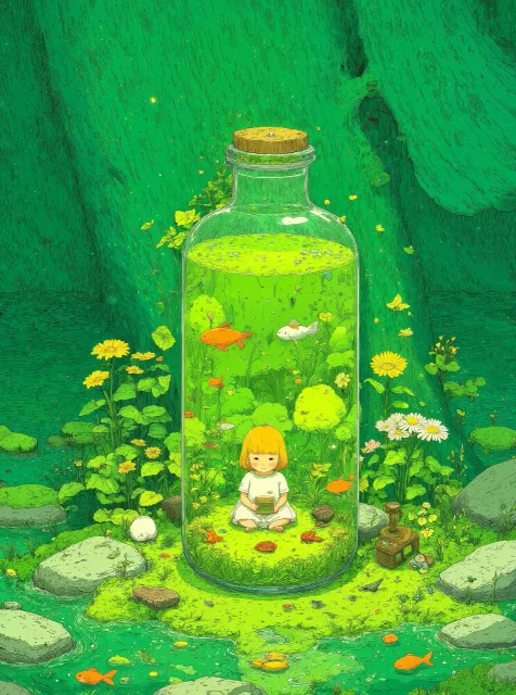 瓶の中に女の子が座っている 瓶の周りを金魚が泳ぐ - 波紋