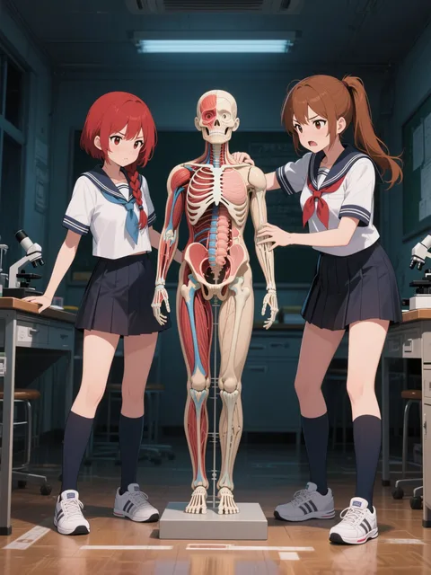 双子と人体解剖模型