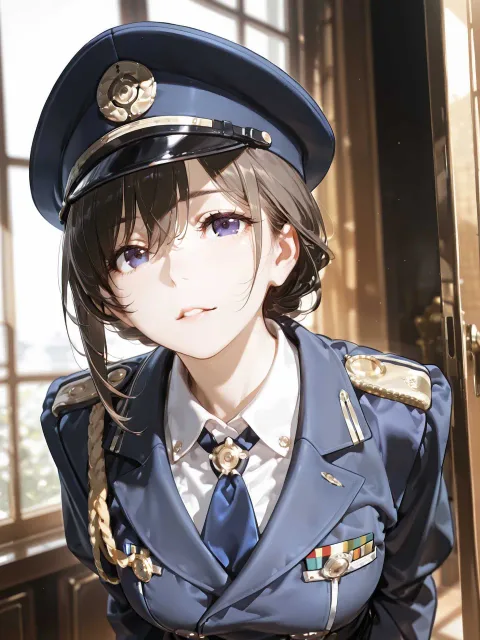 きちんとした服装、紺色の車掌の制服と制帽の成年女性