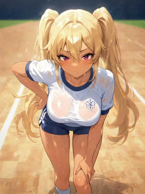 丈の短い白の体操着、下乳がはみ出る、超爆乳 - 文化祭 vs 体育祭