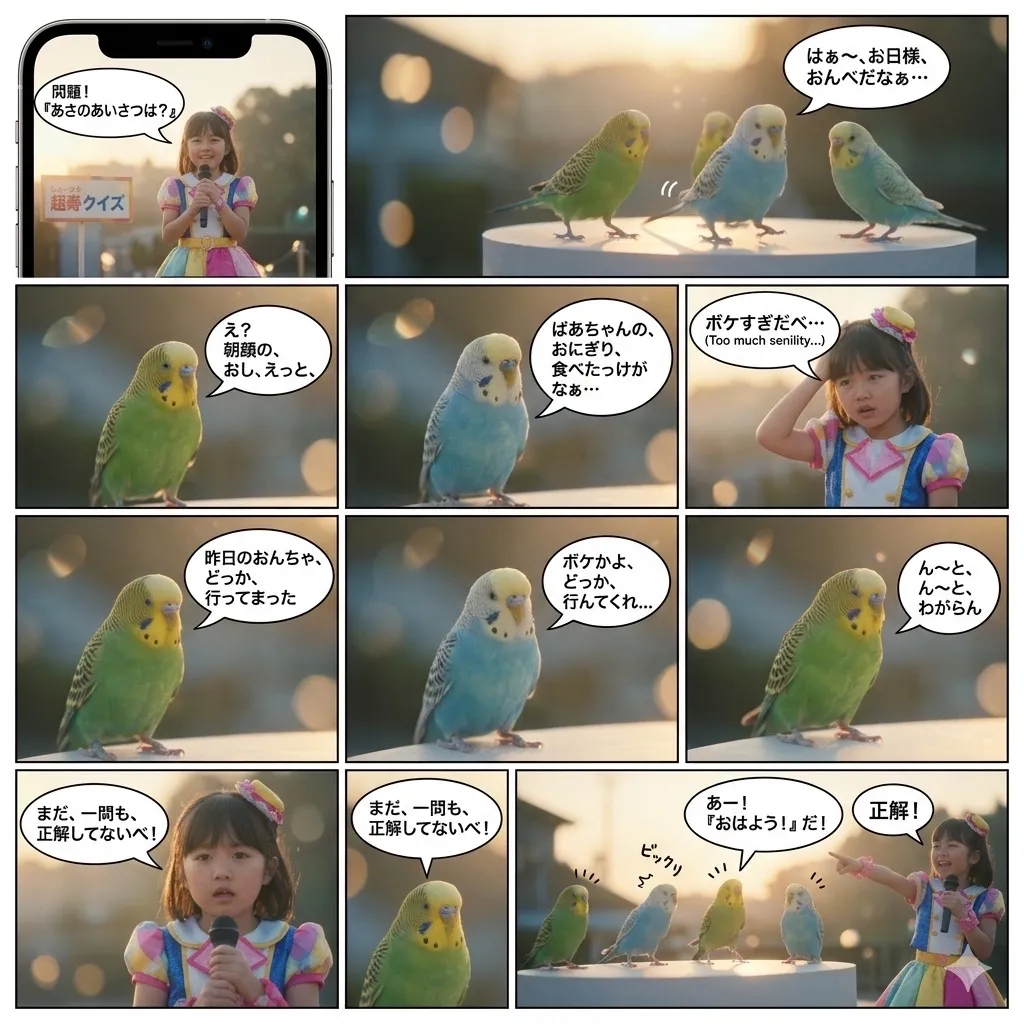 セキセイインコ 9コマ漫画 #Geminiまんが — ありおんもごり🍎🍏さんのAIイラスト