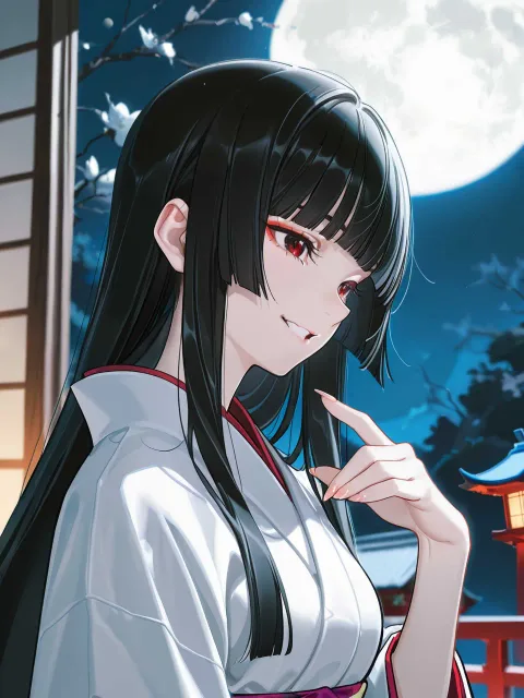 縁側で満月を眺める、姫カットの女の子