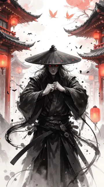 黒い立烏帽子をかぶり顎で紐を結んだ陰陽師、灯明の並ぶ社殿の中