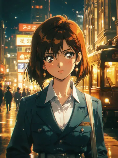 制服の美少女、路面電車、レトロな街並み、夜の街並み