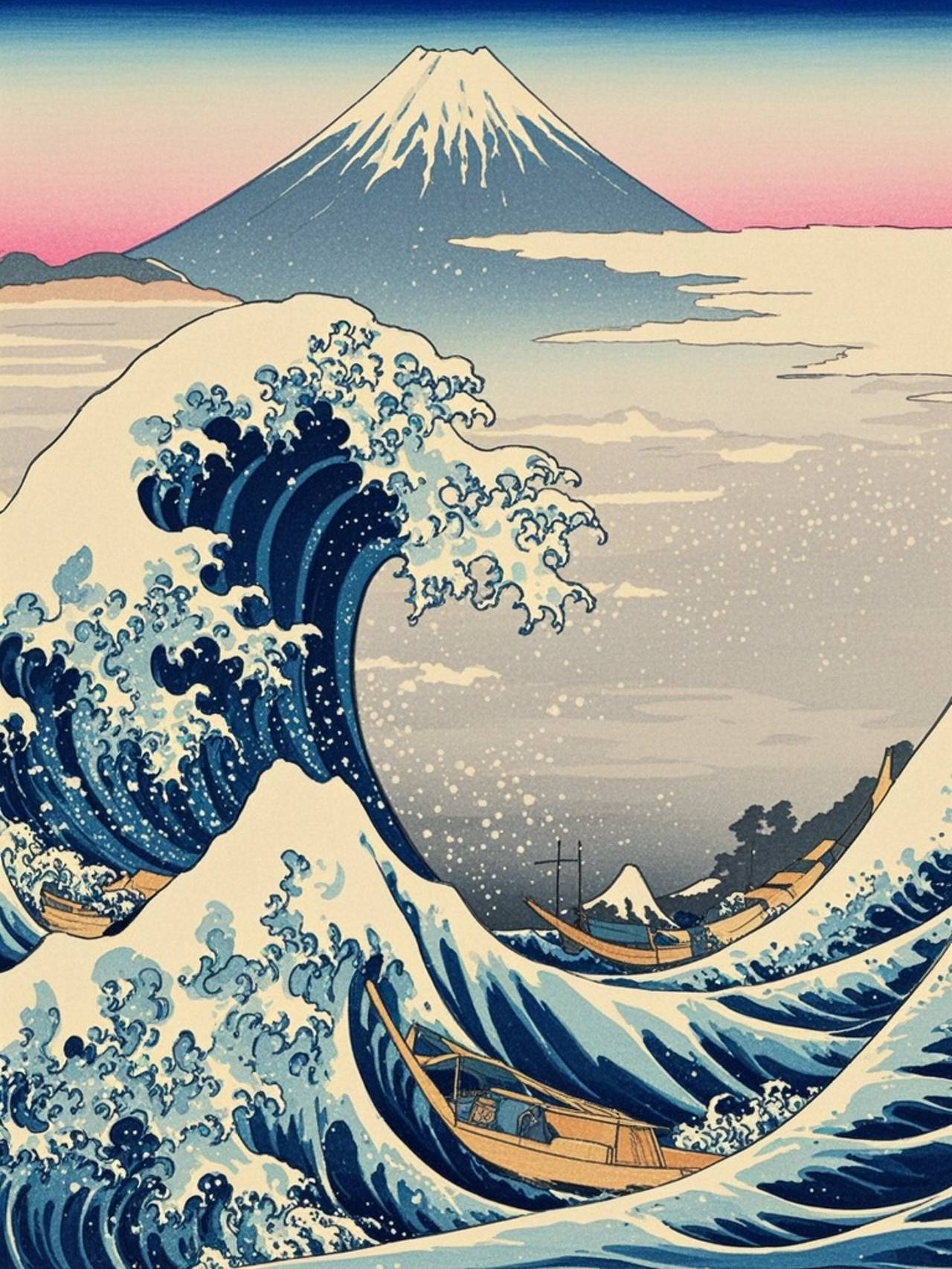 Ukiyo-e Painting of the Surging Waves and Mount Fuji in the Brushwork Style of Hokusai