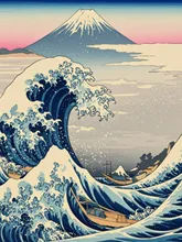 Ukiyo-e Painting of the Surging Waves and Mount Fuji in the Brushwork Style of Hokusai