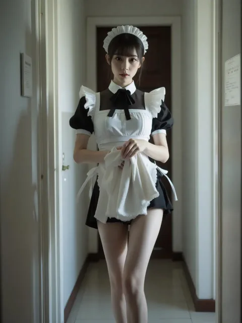メイド服を着た色っぽい成年女性、洗濯物を抱えた廊下 - メイド総選挙