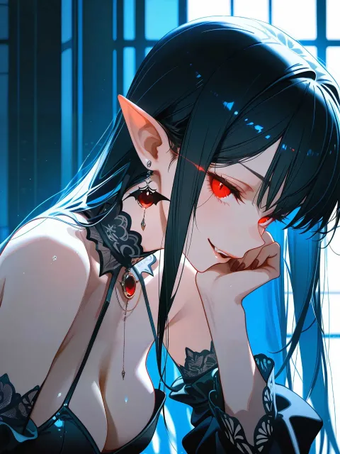ゴシックドレスの妖艶なヴァンパイアの成年女性、暗闇で光る目