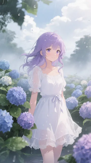 S 白きワンピースと紫陽花の庭
