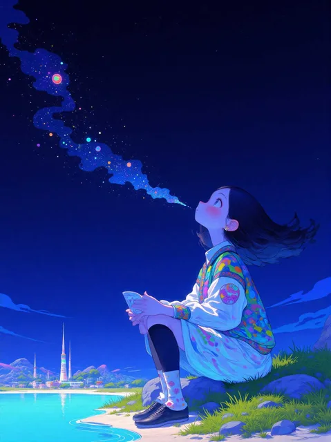 星空の下、遠いビルの光、女の子、歌を口ずさむ