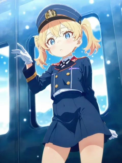 紺色の車掌の制服、背景に夜のプラットホーム、最終列車