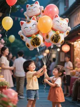 子供が招き猫の風船を貰う