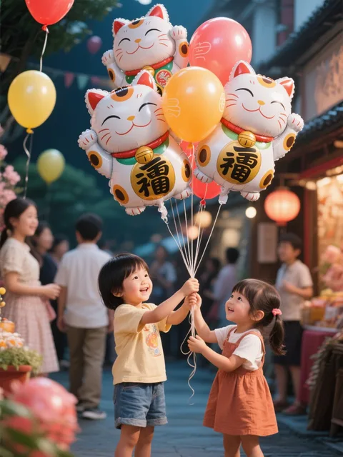 子供が招き猫の風船を貰う