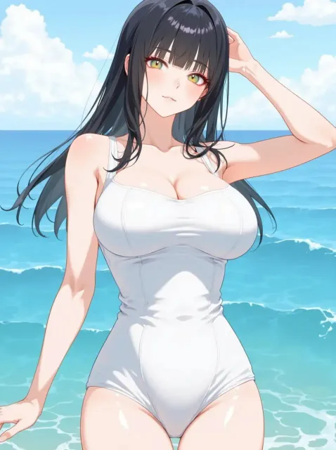 凛とした女性、白い肌、ロングヘア、白いワンピース - 白肌 vs 日焼け