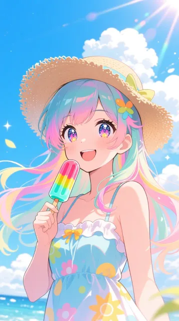 1girl、vibrant anime style - アイスキャンディーと夏の女性