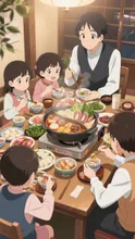 鍋を食べている家族