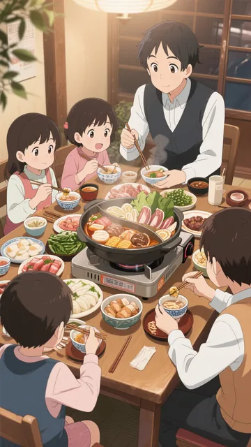 鍋を食べている家族