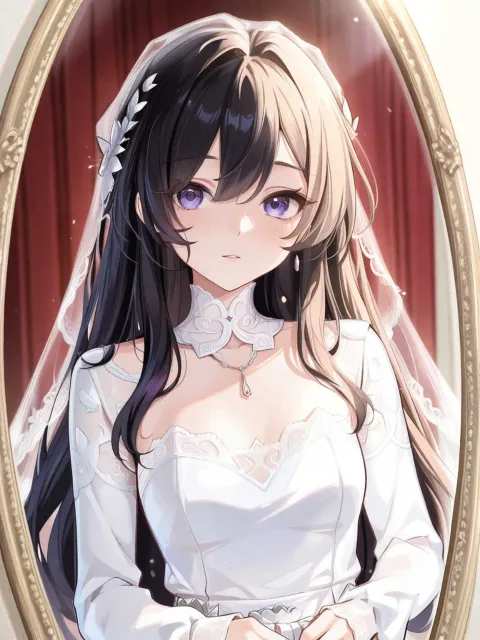きちんとした服装、長いレースのベールをかぶった花嫁の若い女性