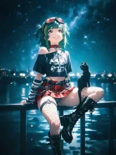 星空を見上げるパンク娘と黒ニャンコ…緑