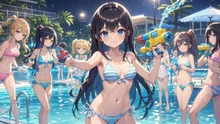 黒髪ロング娘💕ナイトプールで大騒ぎ❤️