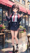 リンゴという女子高生がカフェの前でピース