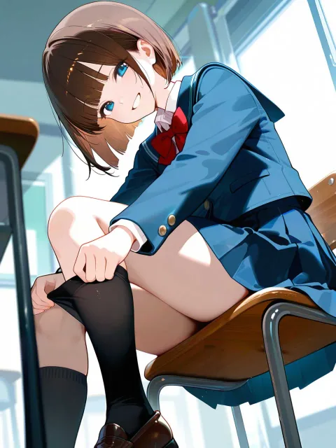 雨上がりの教室、肌に貼りついた薄い服、椅子に座る、微笑む