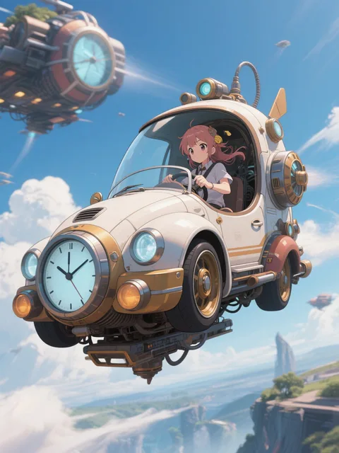 空飛ぶ車型タイムマシンに乗る - 画像生成チャレンジ