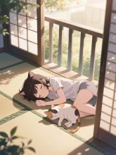 猫と一緒にうたた寝 — 縁側イラストのAIイラスト｜SUPPART