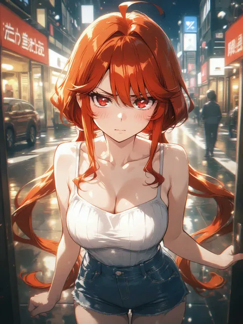 ツインテールの美女、際どいカジュアル私服、胸元を強調