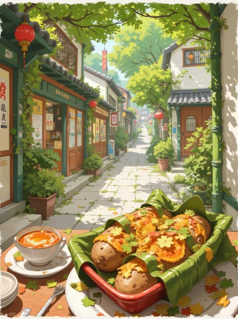 竹皮に包まれた丸ごとの焼き芋、落ち葉の散る庭先