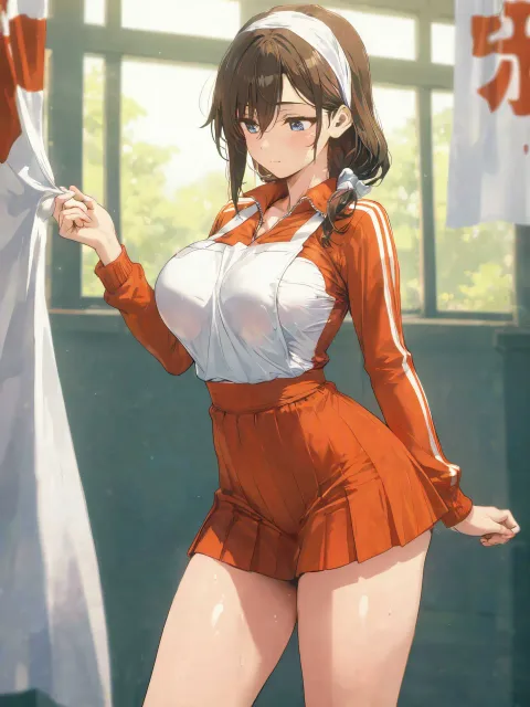 三角巾とエプロン姿と無地の体操着の成年女性がふたり